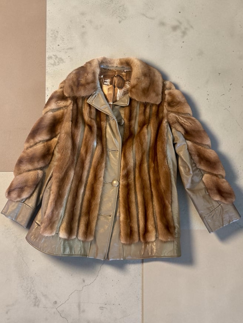 Vtg 70s Mink Fur & Leather Chevron Patchwork Coat Sz S/M Brown Jacket Boho